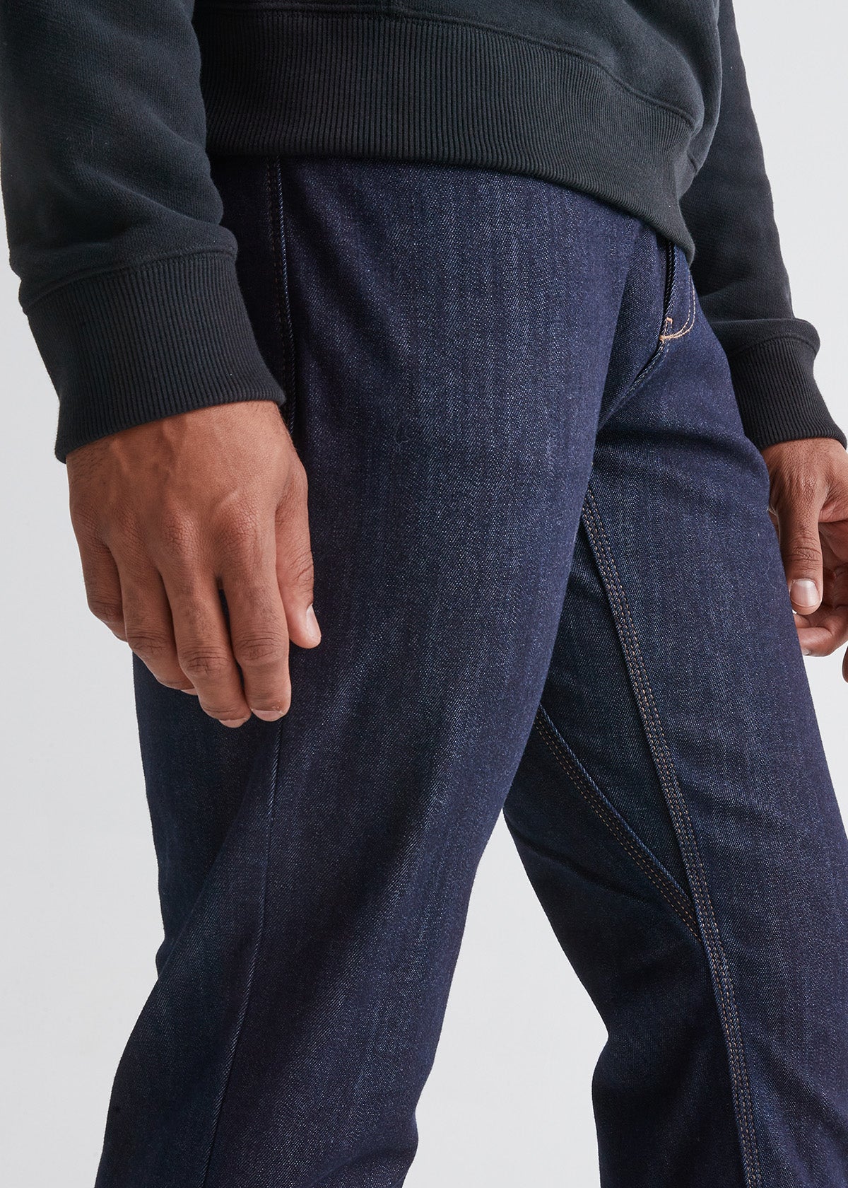 mens dark blue waterproof membrane relaxed fit stretch jeans gusset detail