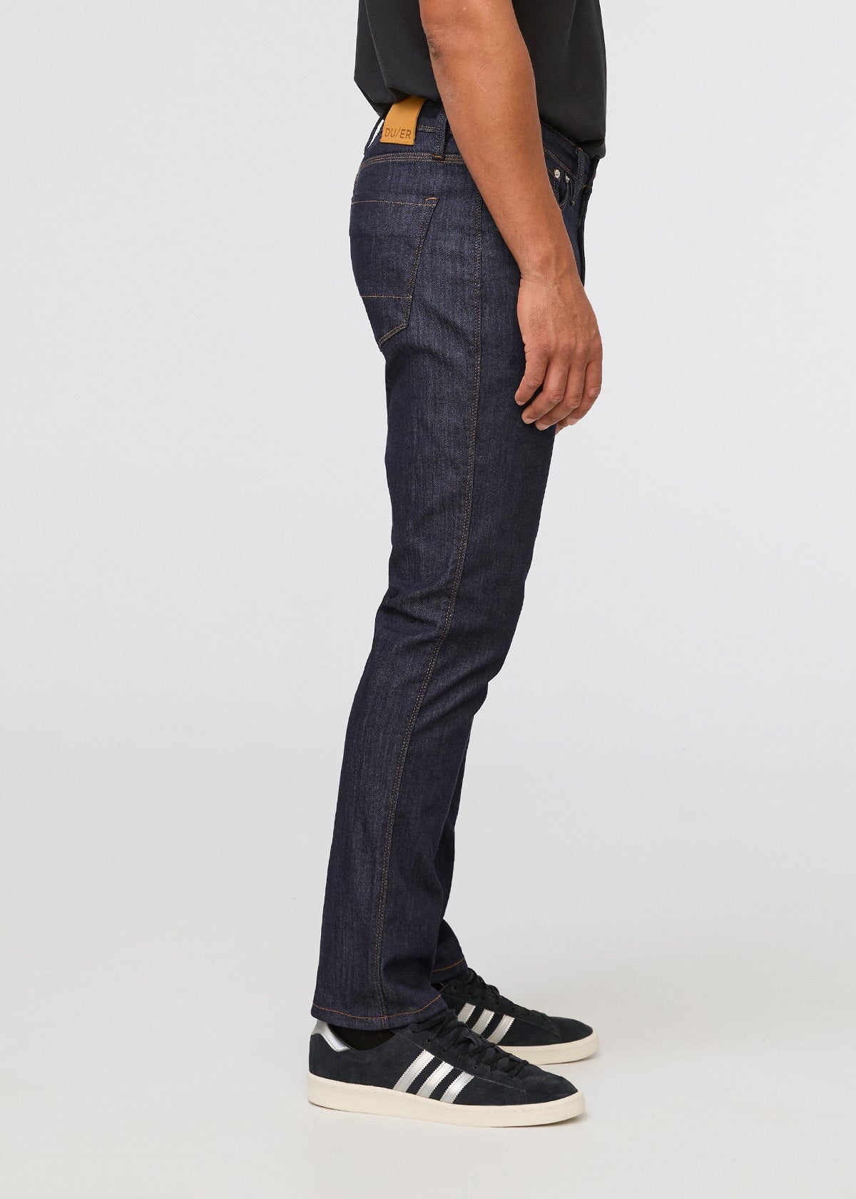 mens dark blue wash relaxed fit stretch jeans side