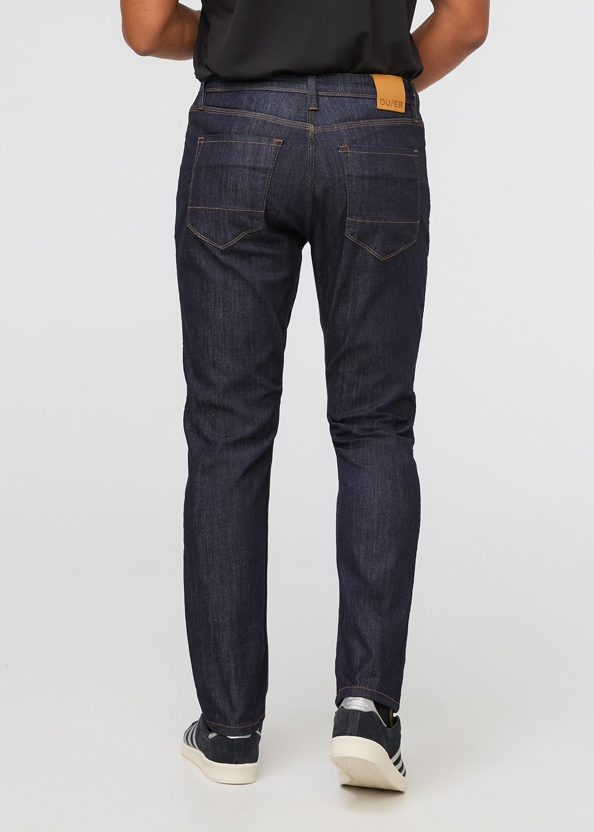 mens dark blue wash relaxed fit stretch jeans back