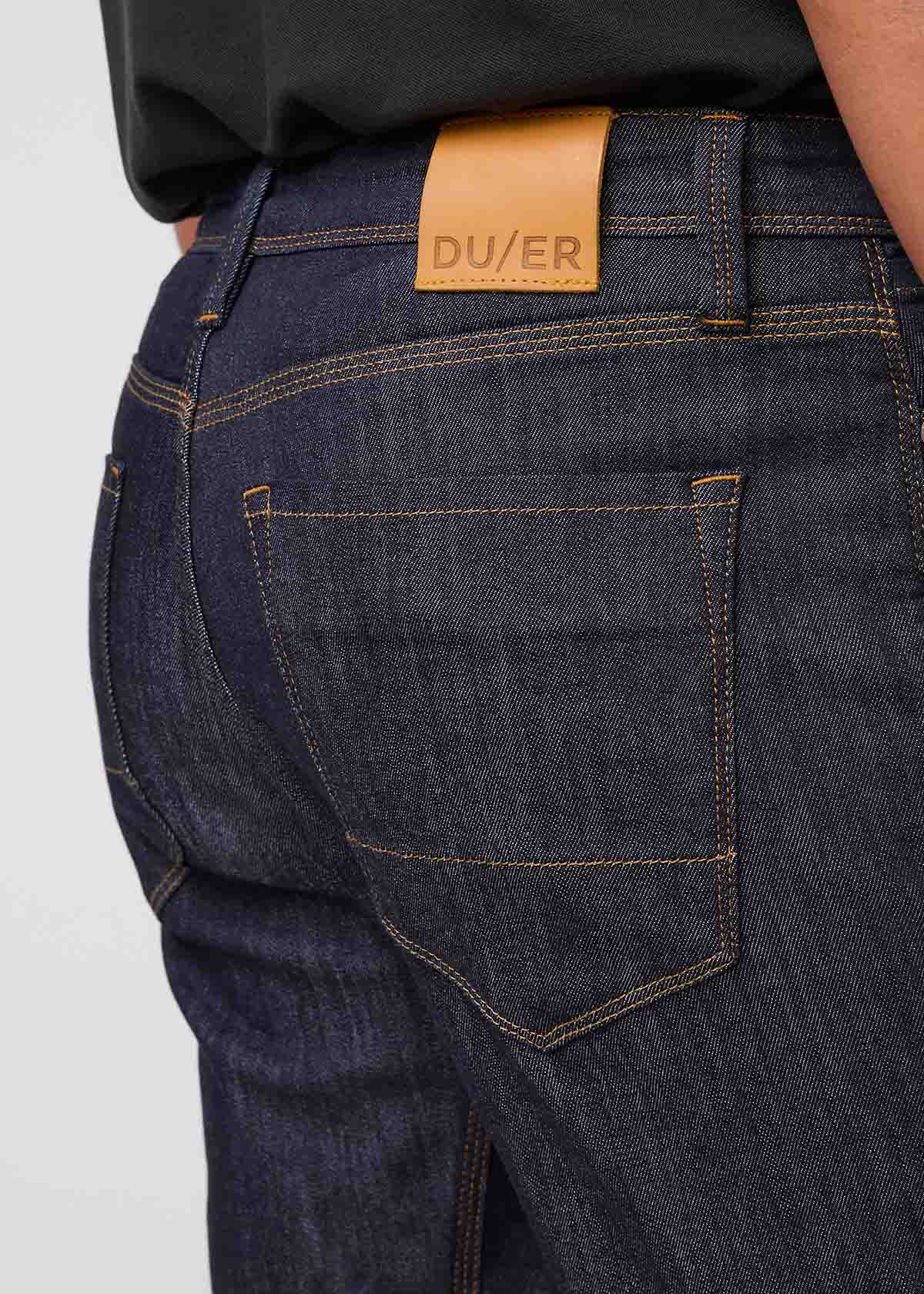 mens dark blue wash relaxed fit stretch jeans back patch and pocket detail