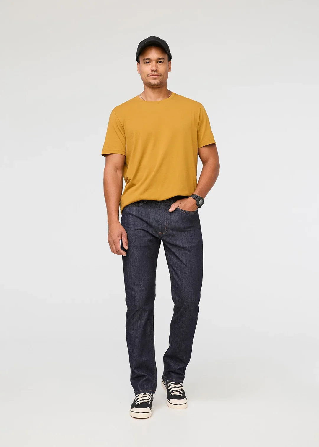 mens dark blue athletic straight fit stretch jeans full body