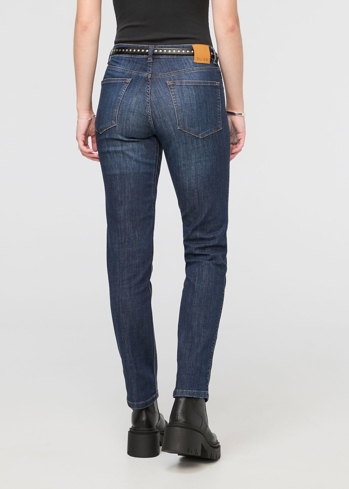 womens blue mid rise relaxed stretch jeans back